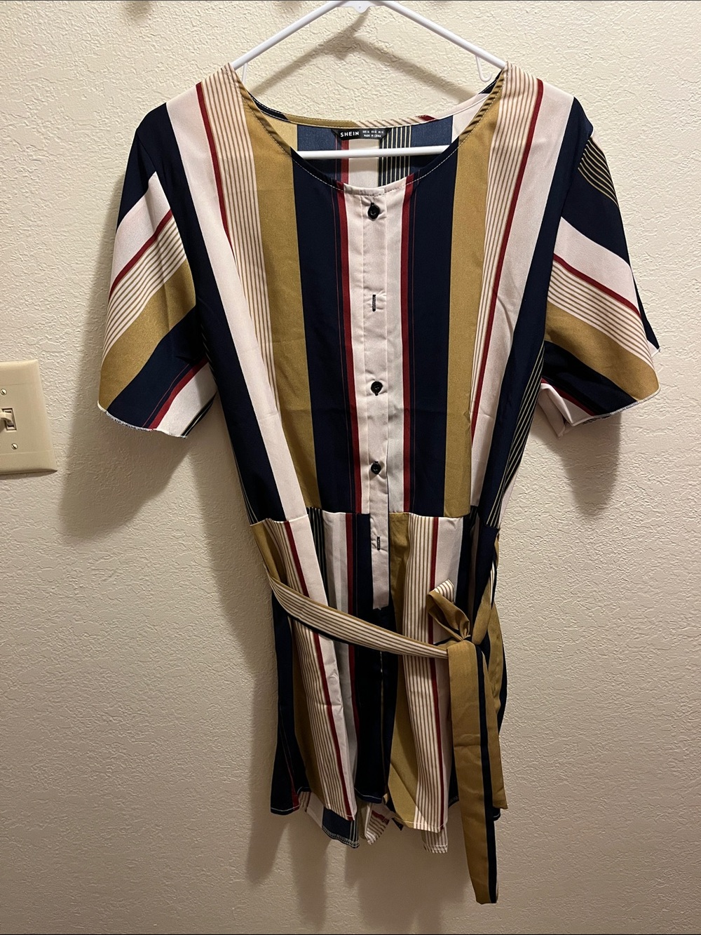 SHEIN Striped Short-Sleeve Button Romper in Navy, Mustard & White